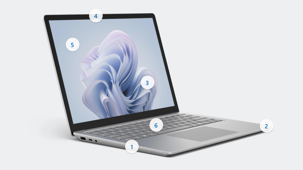 the Microsoft Surface Laptop 6 with numbers representing the laptop's features