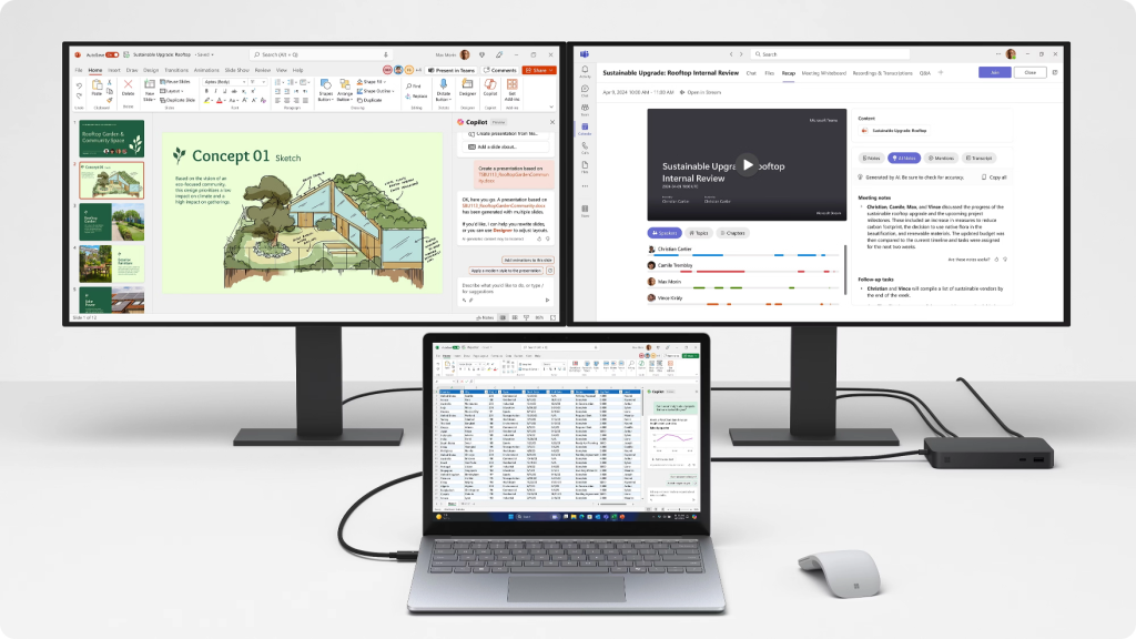 the Microsoft Surface Laptop 6 rigged up to two monitors displaying 3 different applications (one on each screen)