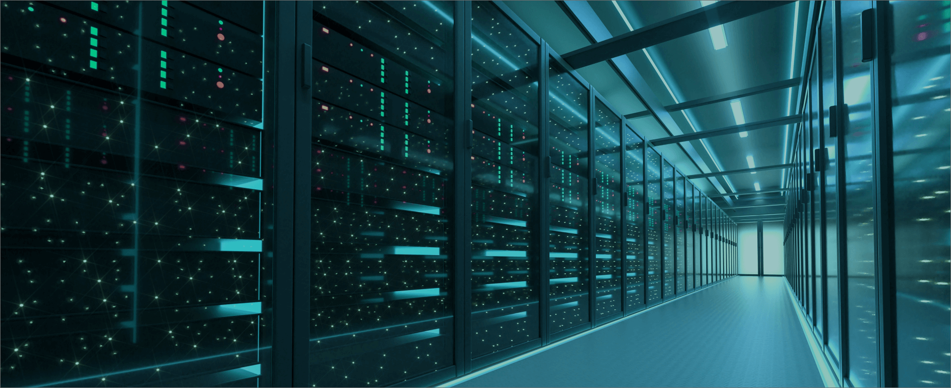 Futuristic data center corridor with rows of server racks on both sides, illuminated by a cool blue-green glow, creating a high-tech and expansive atmosphere.