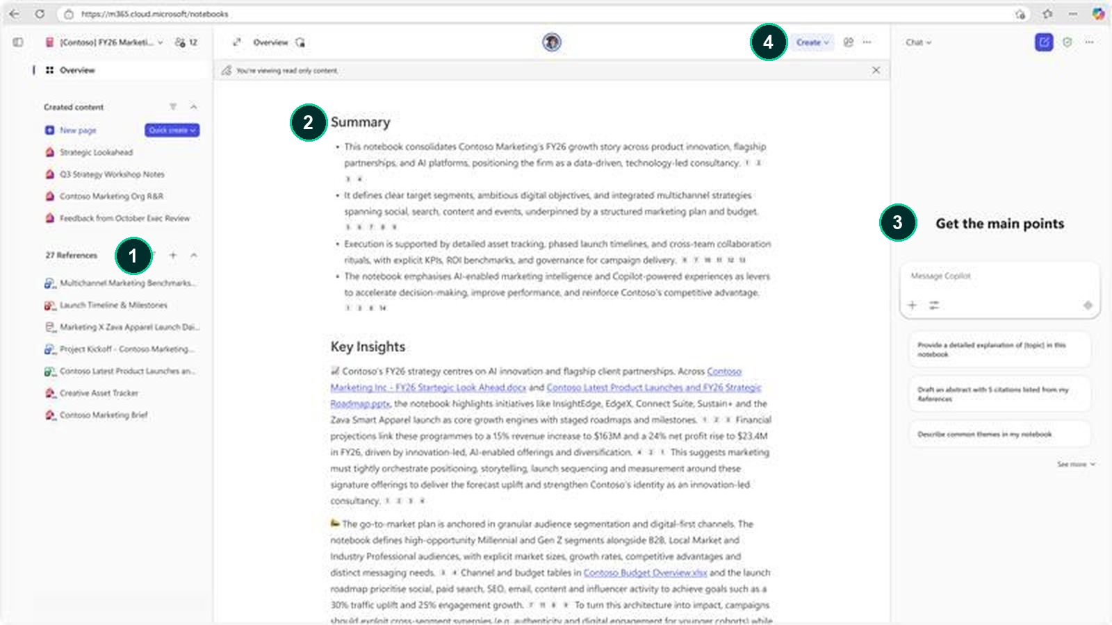 Microsoft Copilot Notebook product example with numbered callouts for references, summary, chat and create controls.